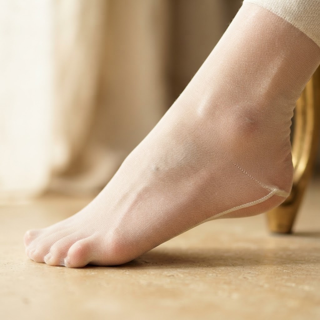 Gros plan sur un pied glissé dans une chaussette en soie fine et brillante