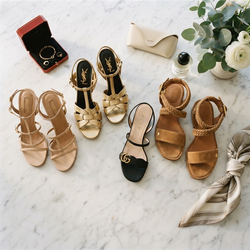 Different models of strappy sandals placed on a marble floor