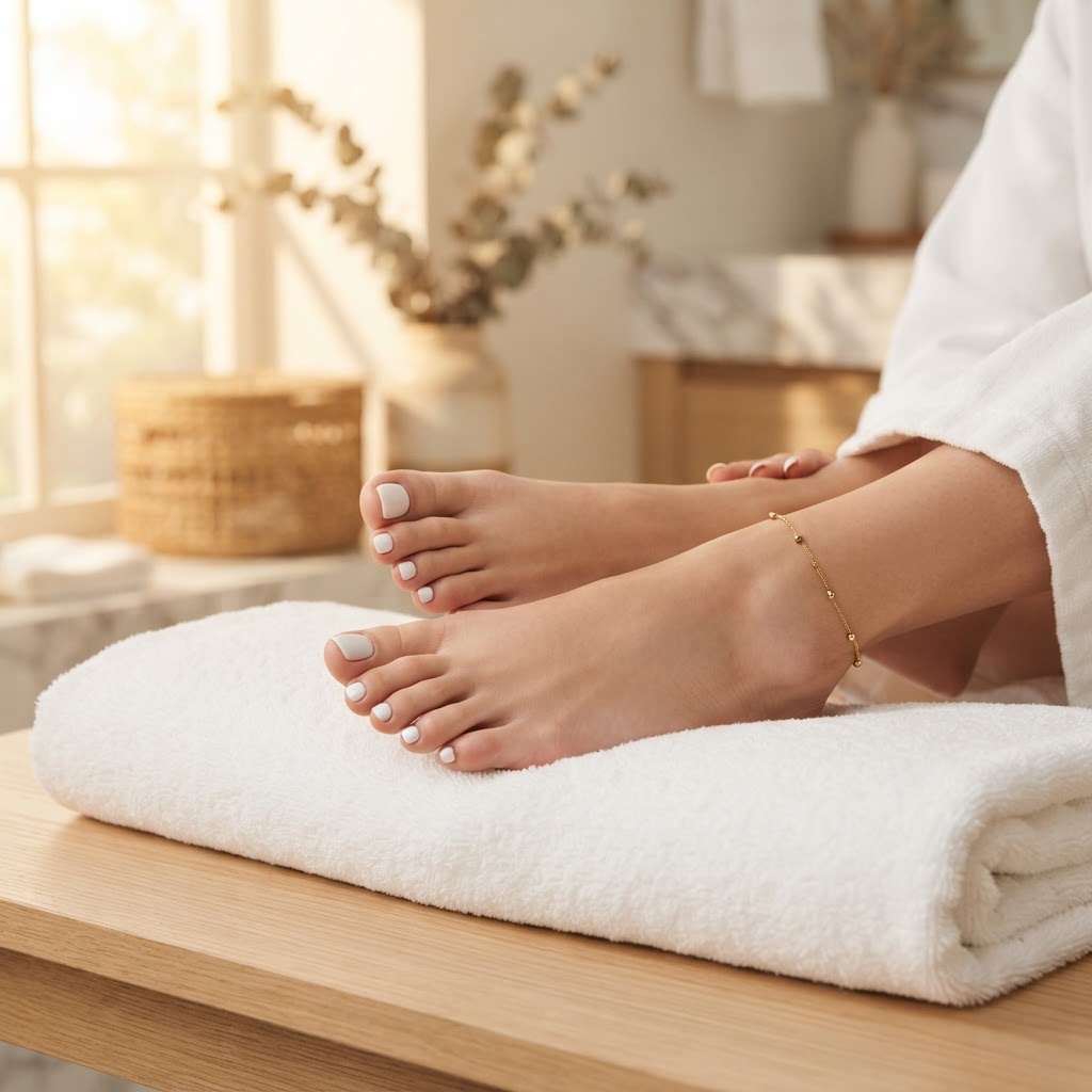 Pieds soignés après un bain de pieds relaxant