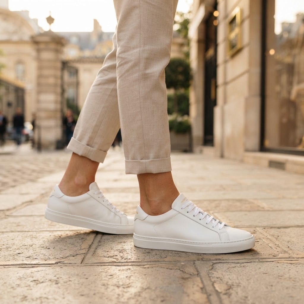 Pieds féminins élégants portant des baskets blanches haut de gamme dans un cadre minimaliste.