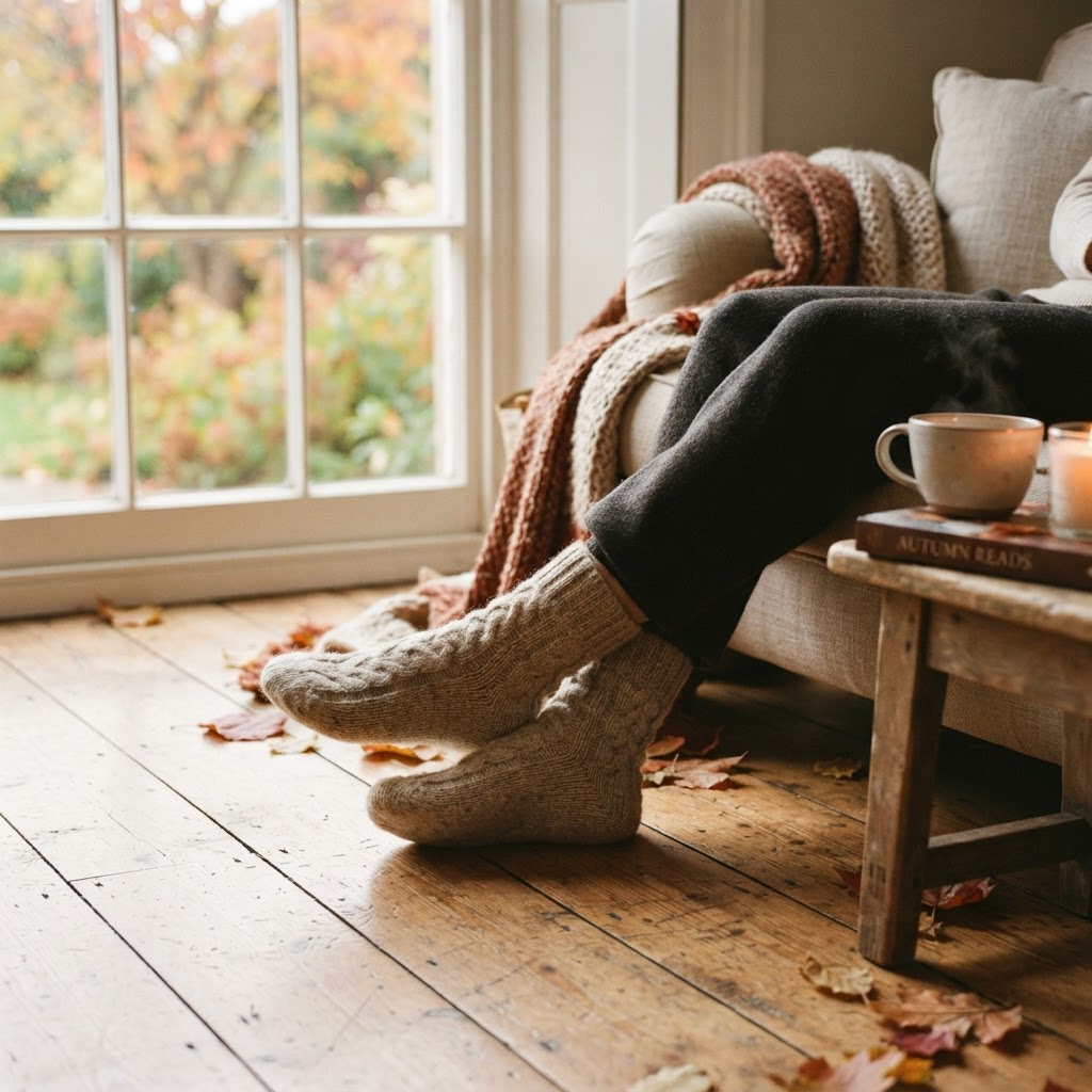 Pieds de femme en chaussettes tricot sur plancher en bois, ambiance automne