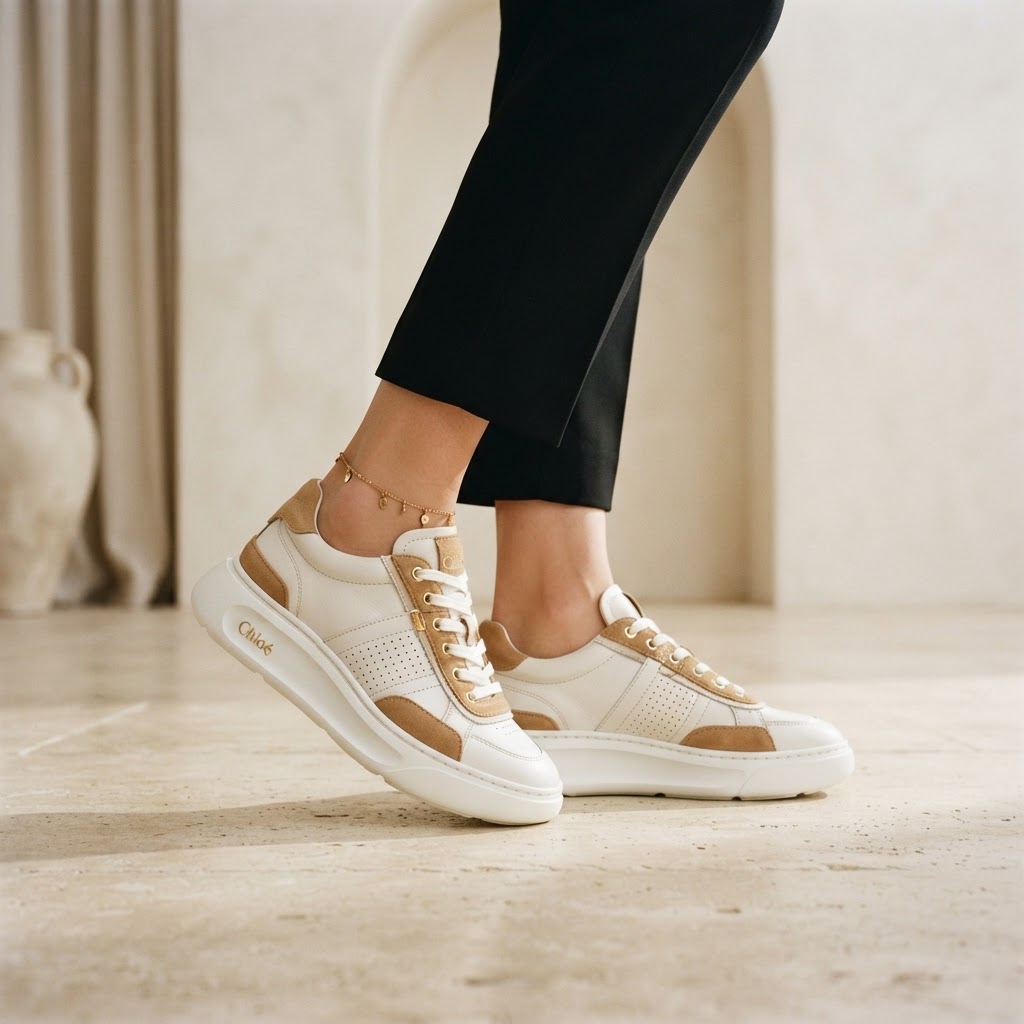 Pied en basket porté avec une cheville mise en valeur, style mode urbaine sophistiquée.
