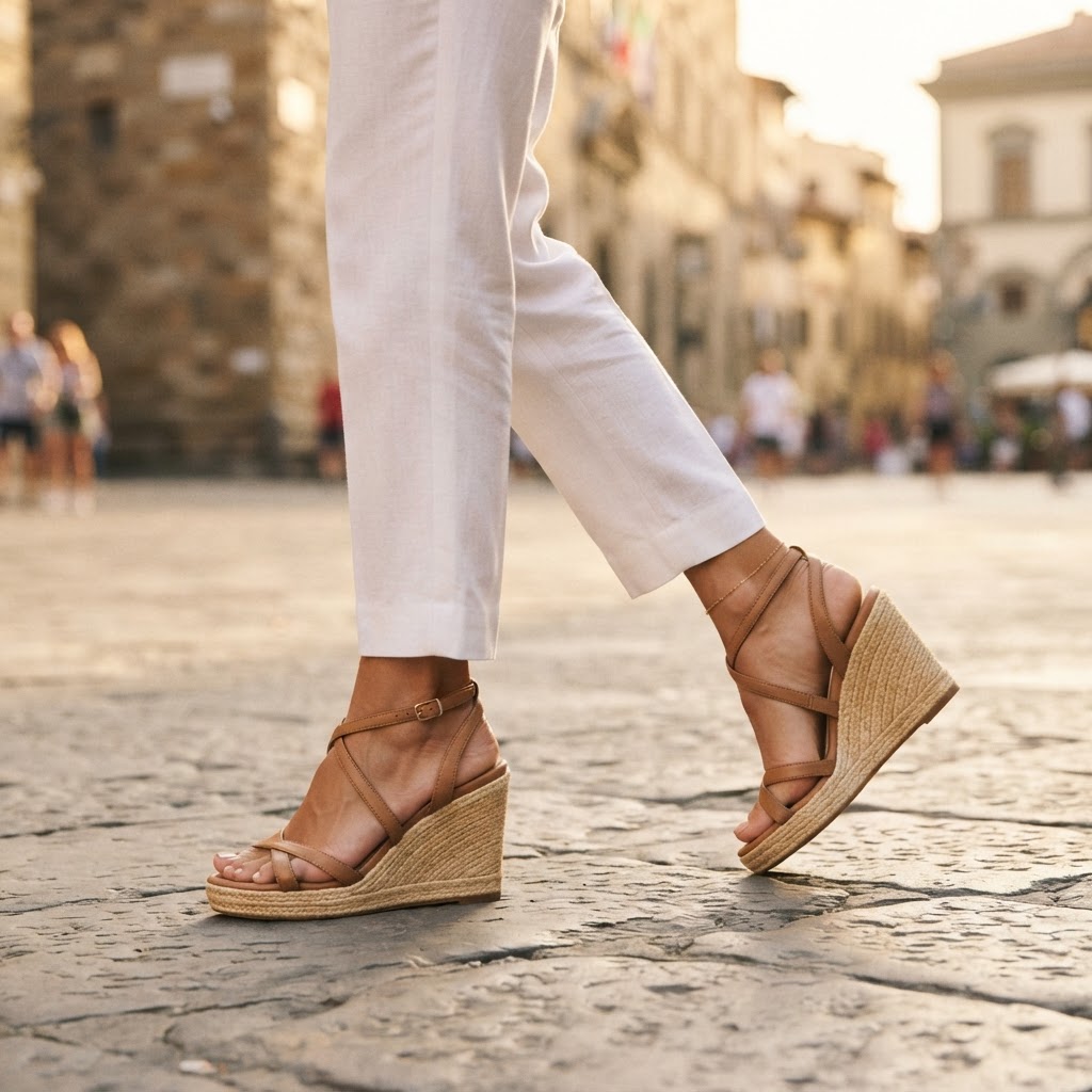 Femme marchant gracieusement en sandales compensées, vue de profil mettant en valeur la cambrure du pied.