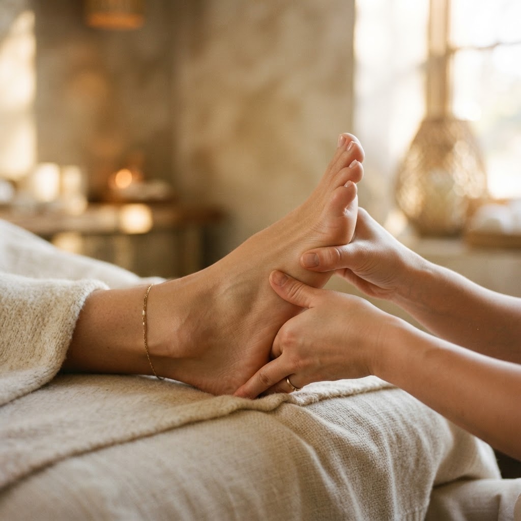 Gros plan sur une main massant une cambrure féminine