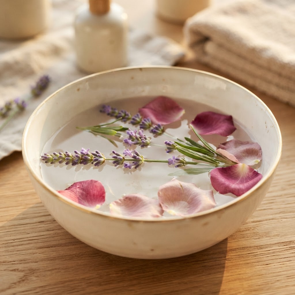 Pétales de fleurs flottant dans un bain de pieds luxueux