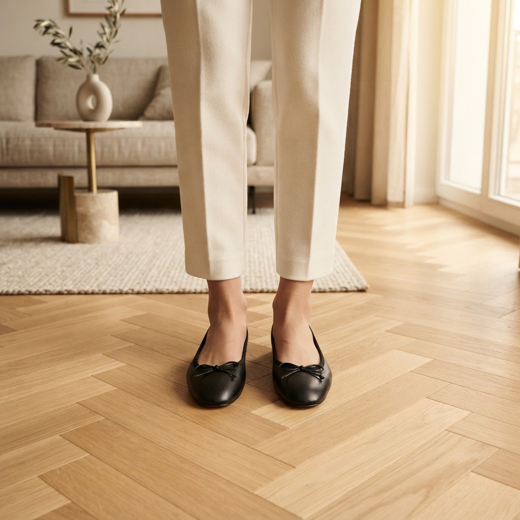 Pieds élégants dans des ballerines, vue de dessus sur un tapis chic.