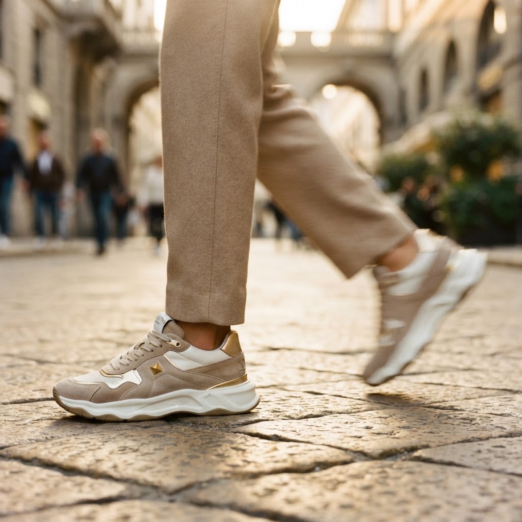 Détail d'un pied en mouvement portant une basket légère, capturant la grâce de la démarche.