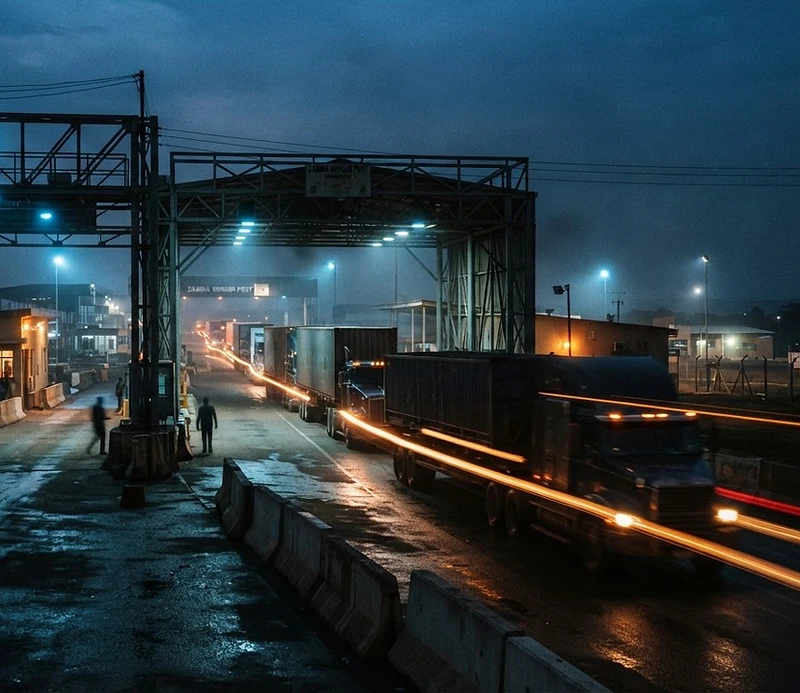 Freight convoy on the SADC corridor at twilight