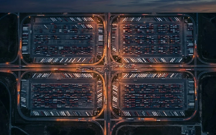 Aerial view of an organized freight logistics interchange