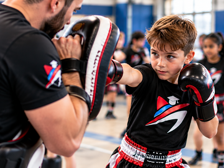 Coach holding a focus pad for a pupil punching safely in a school session