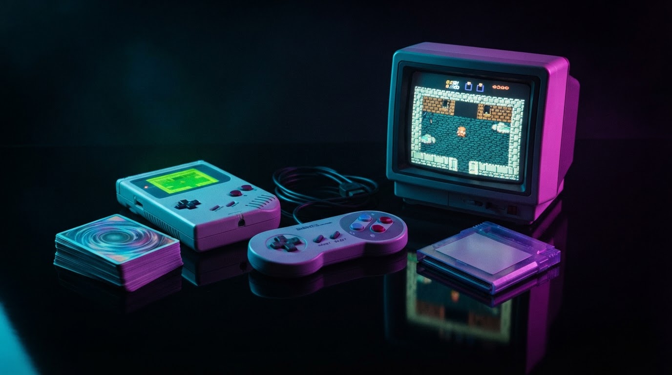 Retro gaming collectables — cartridges, controllers, handhelds and trading cards