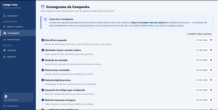 Cronograma da campanha no Kit Campanha de Matrículas Pro