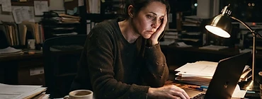 Business owner working late alone at a desk under a lamp