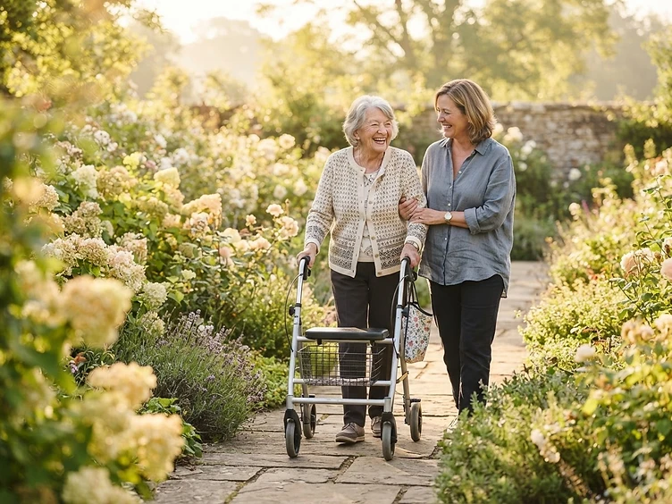 A senior woman walking with a rollator, accompanied by a family member