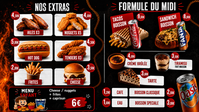 Carte O'Barbeuc : nos extras, menu enfant et formule du midi