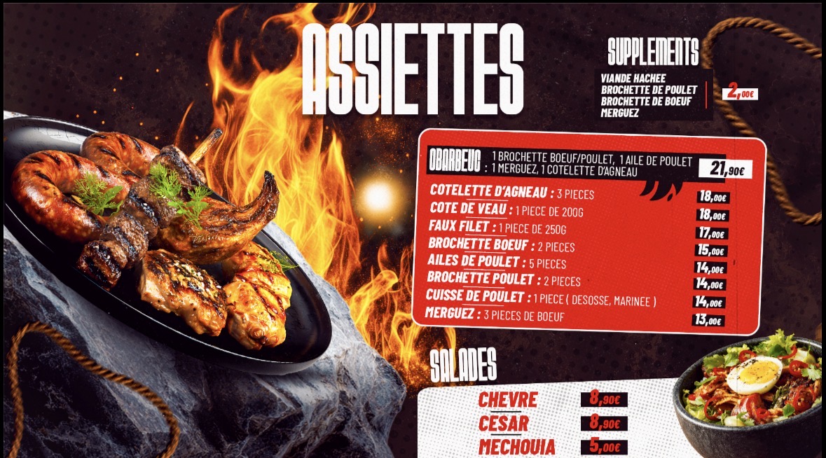 Carte O'Barbeuc : assiettes grillades et salades