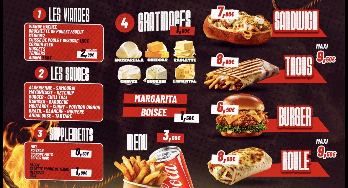 Carte O'Barbeuc : viandes, sauces, suppléments, gratinés et formats