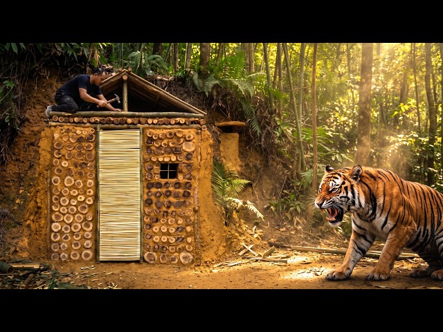 Building a hidden earth shelter dug into a hillside using natural materials for wilderness survival