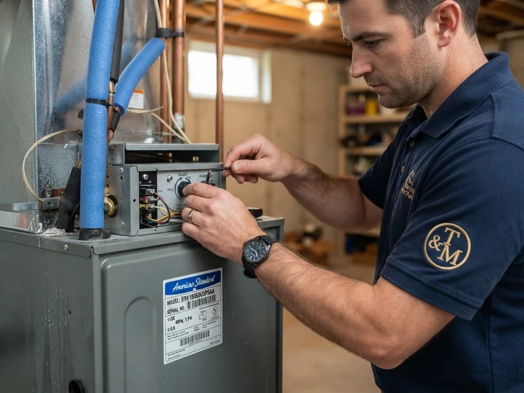 Technician hands servicing an American Standard heating unit