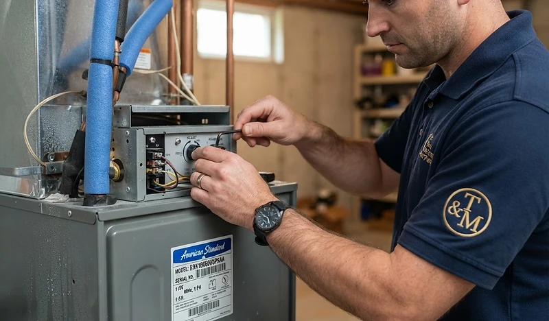 T&M technician adjusting an American Standard furnace with the T&M logo on the sleeve