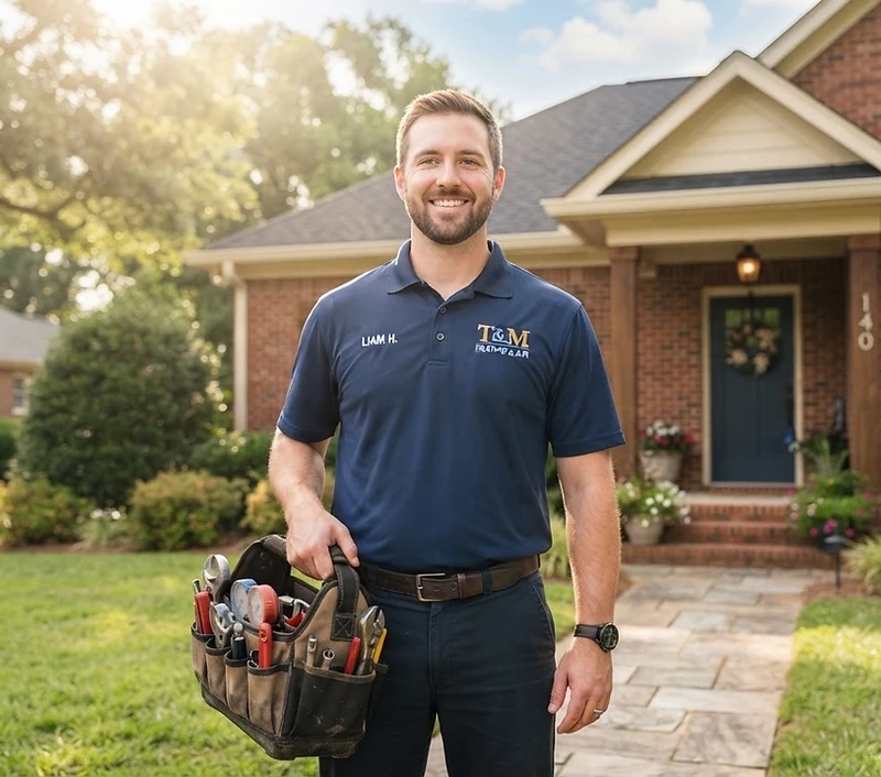 T&M Services technician in navy polo standing in front of a Lincolnton NC home