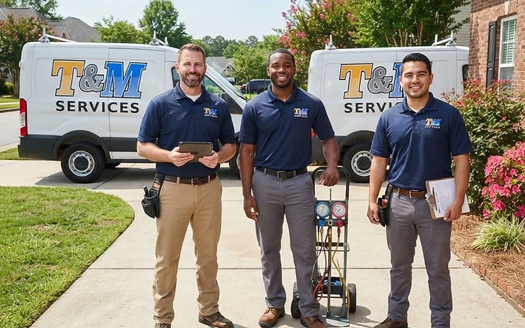 T&M Services crew of three technicians in navy polos in front of service vans in Lincolnton NC