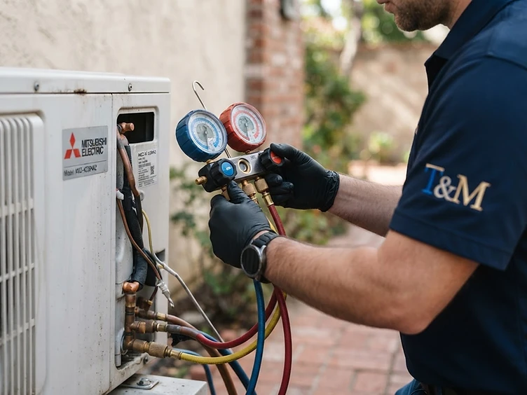 T&M technician hands adjusting an American Standard unit with the T&M logo on the sleeve