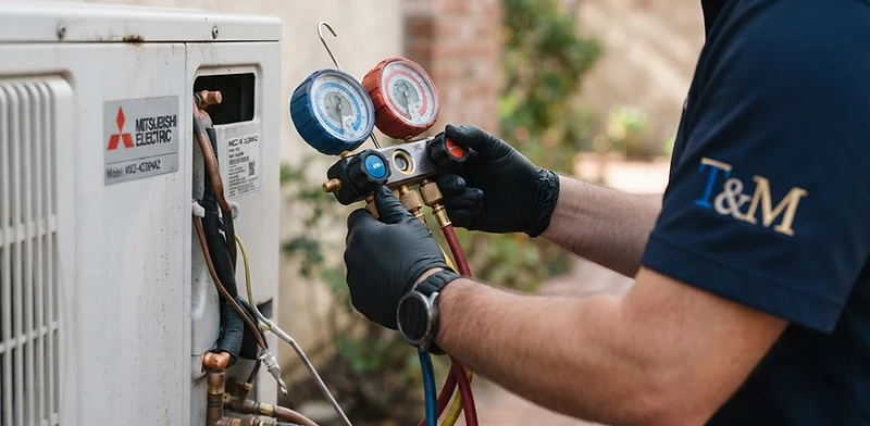 T&M Services HVAC technician working on a unit in Stanley, Gaston County