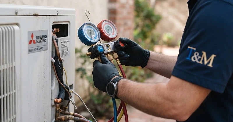 T&M Services HVAC technician working on a unit in Vale, Lincoln County