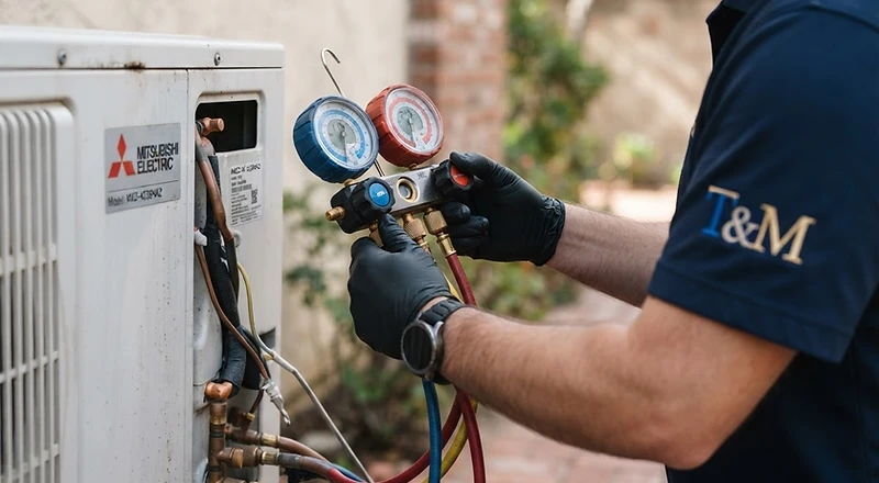 T&M Services HVAC technician working on a unit in Cramerton, Gaston County