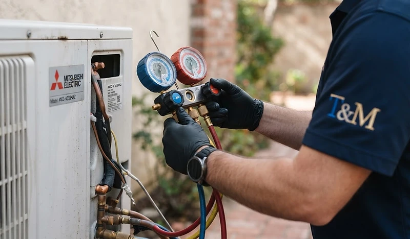 T&M Services HVAC technician working on a unit in Cherryville, Gaston County