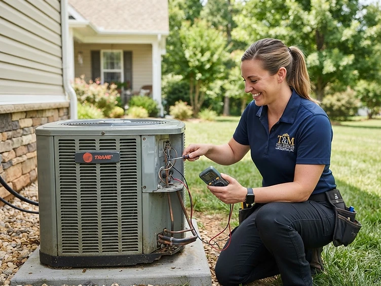 T&M technician inspecting an air conditioning condenser unit