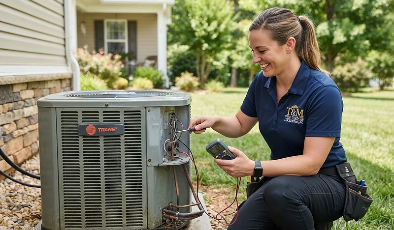 T&M technician inspecting an outdoor air conditioning condenser in Lincolnton NC