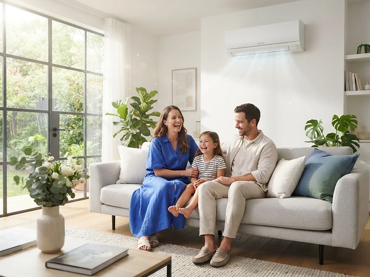 Family in a bright living room with clean air and a Mitsubishi wall unit