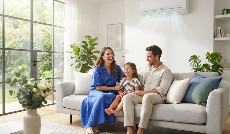 Family breathing easily in a bright living room with a Mitsubishi indoor unit on the wall