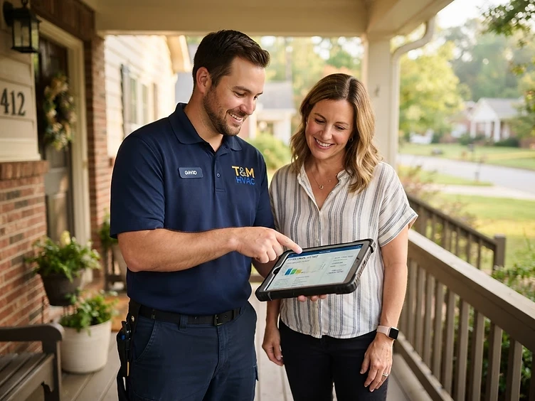 T&M technician showing a maintenance report on a tablet to a homeowner