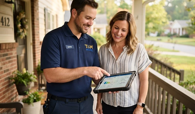 T&M technician explaining a maintenance report on a tablet to a Lincolnton homeowner