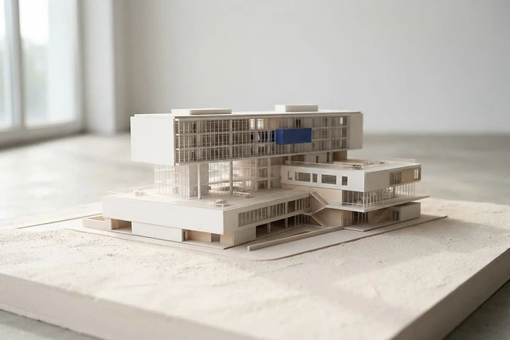 Architectural scale model on a pale surface with a cobalt accent block