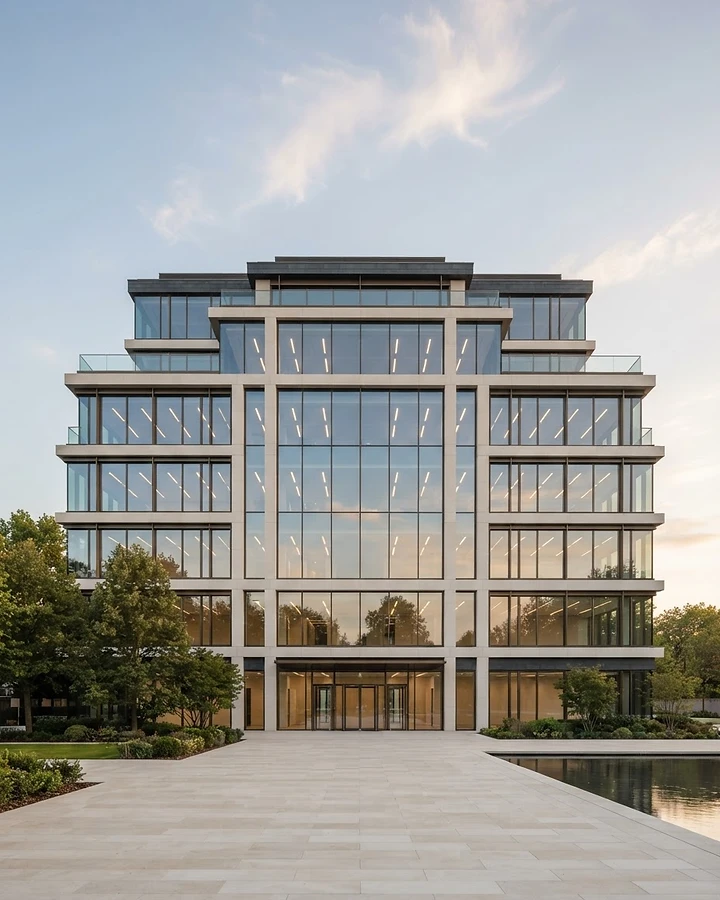 Modern West London office architecture with glass facade in golden hour light