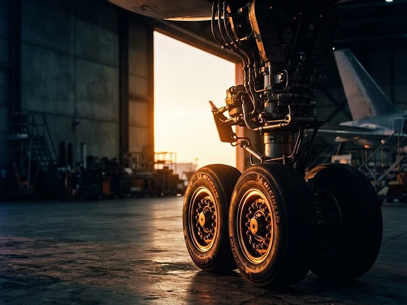 Aircraft landing gear with wheels and brakes illuminated by golden hour light