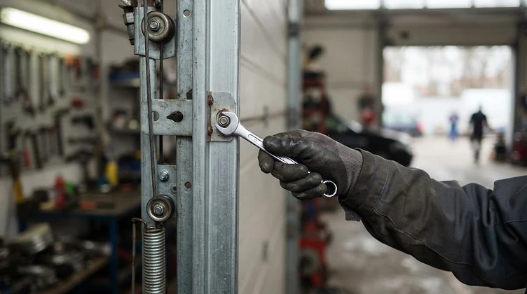 Technician's gloved hand precisely adjusting a garage door track