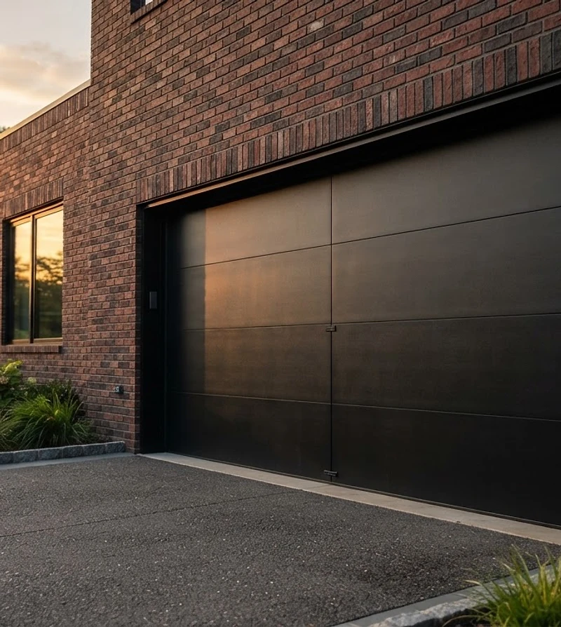 Modern matte black garage door on a high-end brick home in Reston, VA at golden hour