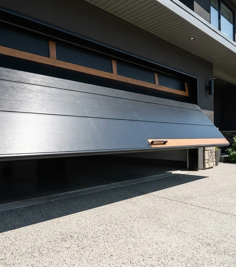 Modern black garage door partially open on a clean Gardendale home