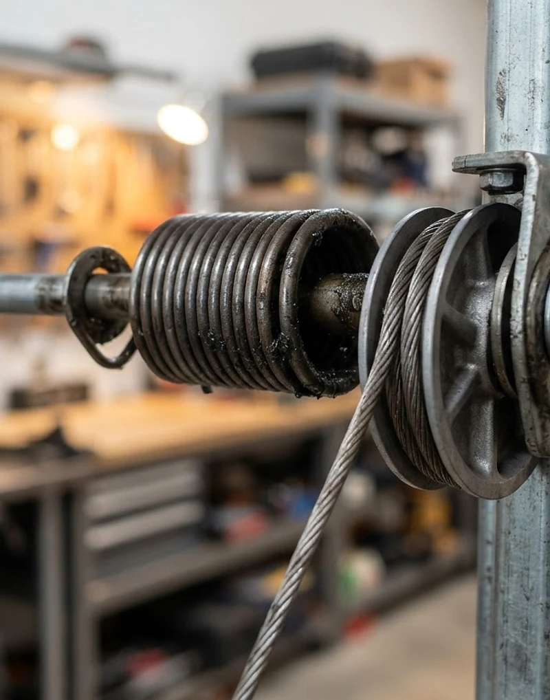 Heavy-duty garage door torsion spring and cable detail