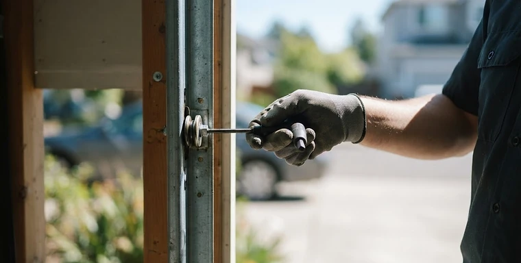 Professional garage door technician using a precision tool on a door track in Center Point, AL