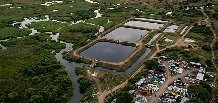Aerial view of an interconnected African environmental landscape — wetlands, water and recovery systems