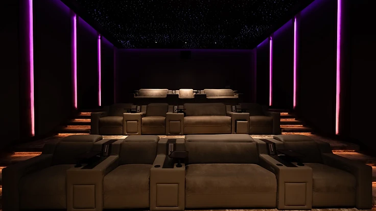 Continuum private cinema — starlight ceiling with purple ambient lighting