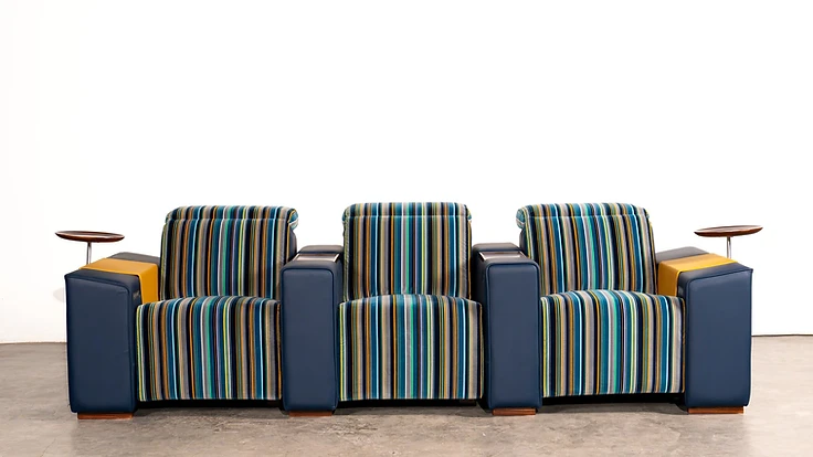 Muse row of three seats in striped textile and navy leather
