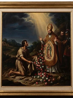 St. Juan Diego unfolding the tilma before Bishop Zumárraga
