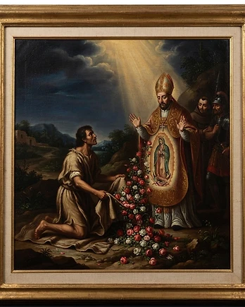 St. Juan Diego opening his tilma before the Bishop